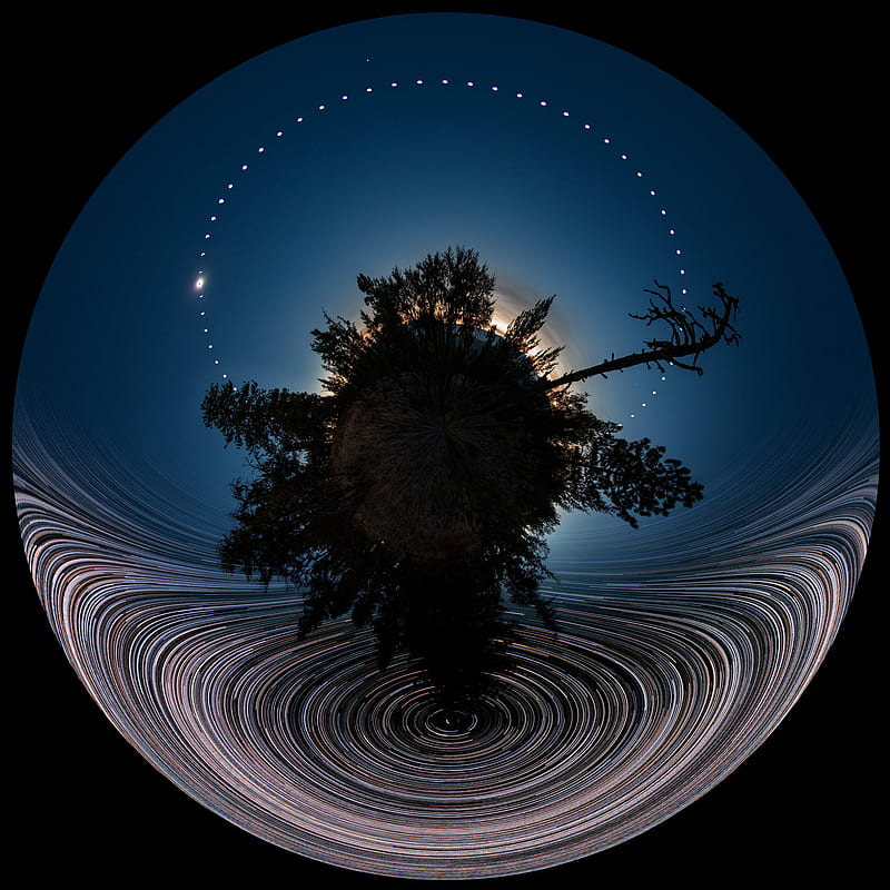 space, universe, black background, stars, panoramic sphere, Sun, solar eclipse, sphere, long exposure, trees, distortion, clear sky, HD phone wallpaper