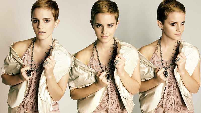 Emma Watson Boy Cut Hair Style Wearing Silver Color Jacket Celebrities, HD wallpaper