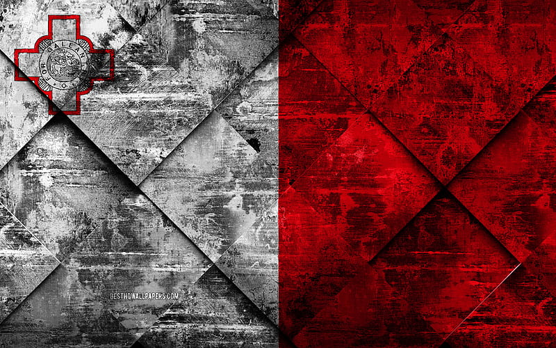 Flag of Malta grunge art, rhombus grunge texture, Malta flag, Europe, national symbols, Malta, creative art, HD wallpaper