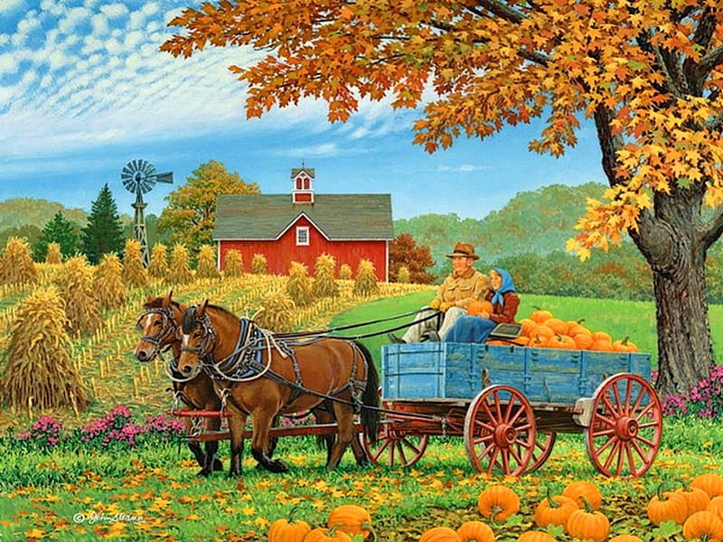 Bumper crop, fall, colorful, autumn, grass, crop, cart, barn, parg, countryside, farm, leaves, calm, pumpkin, painting, village, rural, art, rustic, quiet, bumper, serenity, peaceful, walk, HD wallpaper