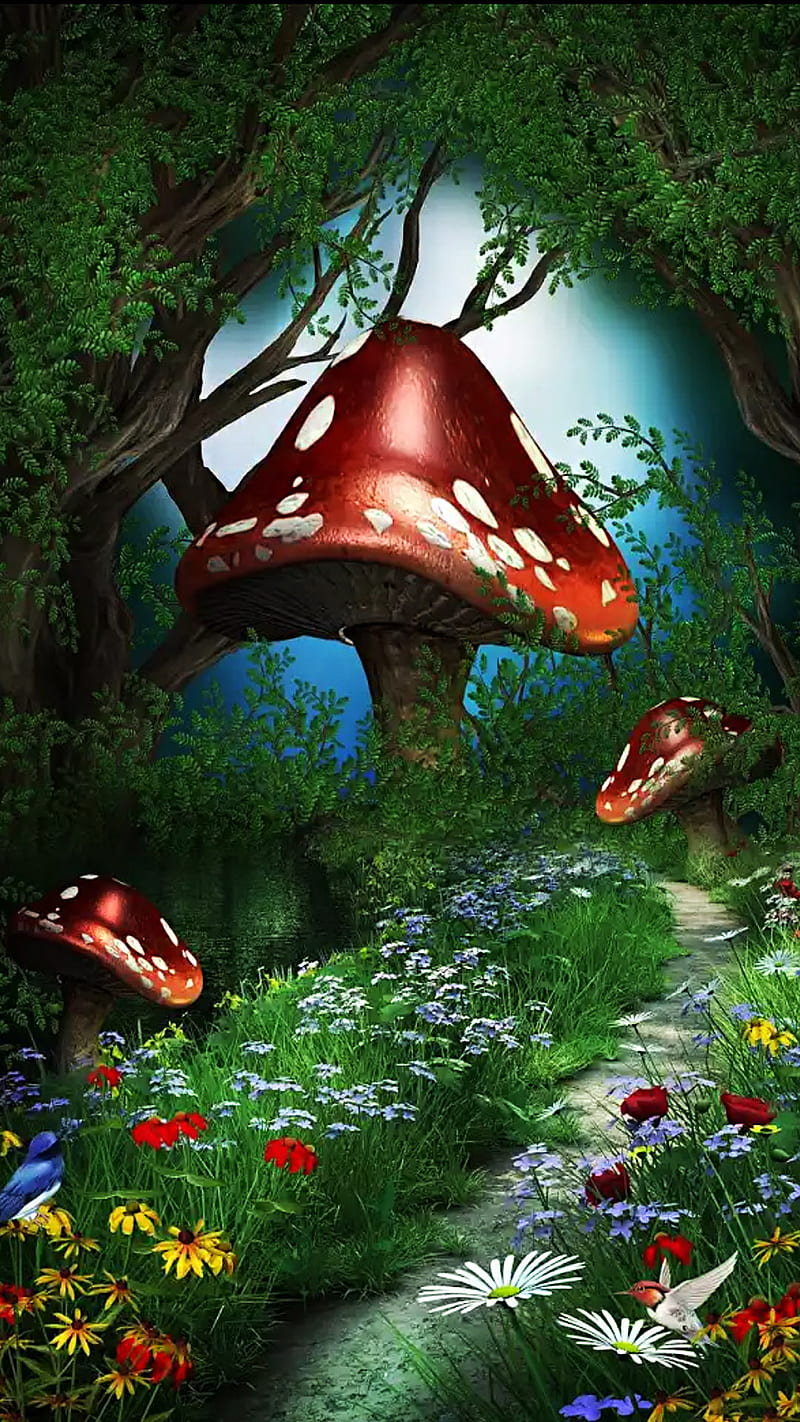 Fantasy garden, bird, flower, leaves, mushroom, HD phone wallpaper | Peakpx