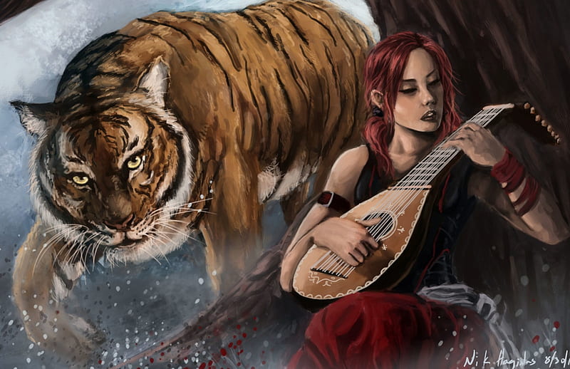 Girl and tiger, red, art, instrument, fantasy, redhead, tiger, woman, animal, HD wallpaper