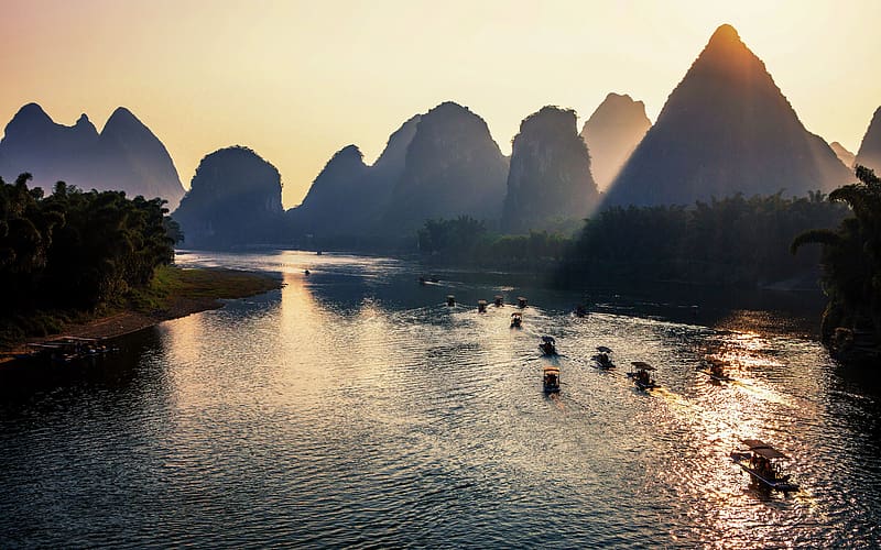 Li River Travel Sunrise Yangshuo Guilin China, HD wallpaper