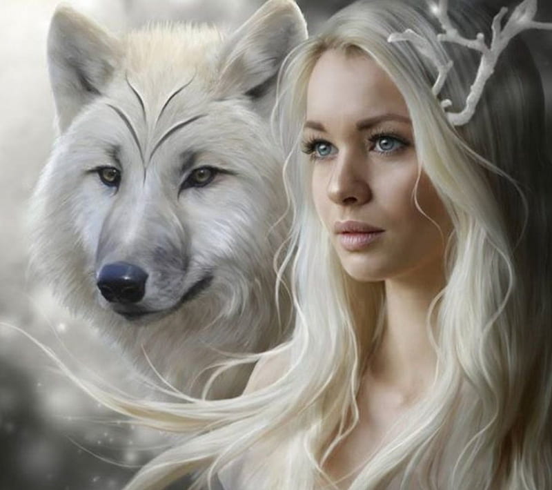 Woman with Wolves, pretty, model, blonde, wolf, woman, HD wallpaper