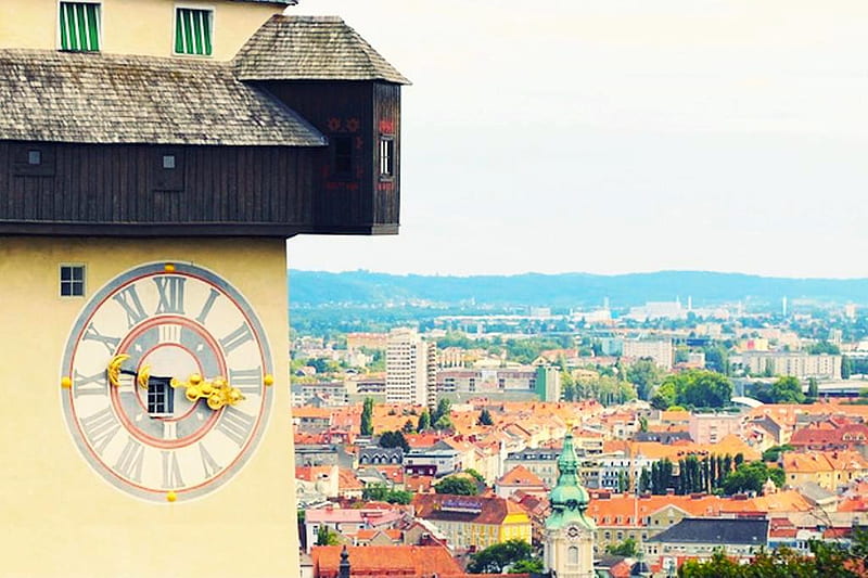 Graz, Austria, graph, pic, roofs, buildings, rooftops, clock, wall, europe, graphy, city, austria, graz, HD wallpaper