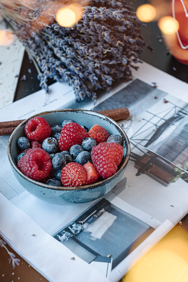 raspberries, blueberries, strawberries, berries, bowl, HD phone wallpaper