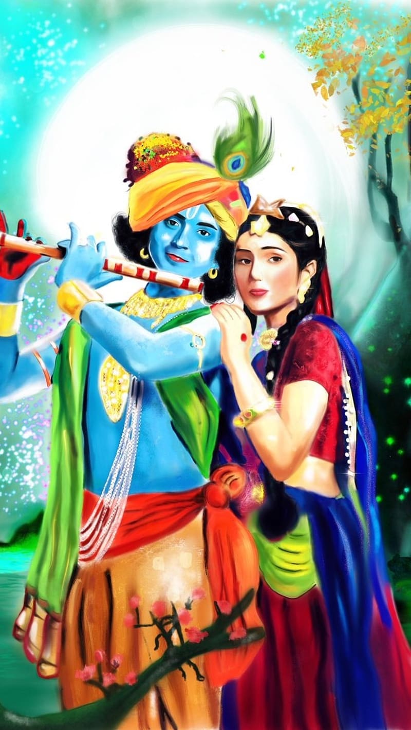 Krishna Plying Flute with Radha, krishna radha, bhakti, HD phone wallpaper