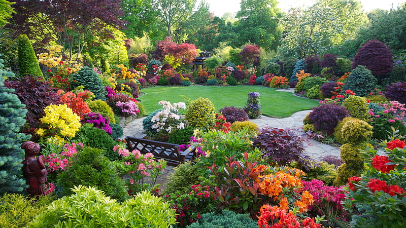 Beautiful Garden With Colorful Flowers Garden, HD wallpaper
