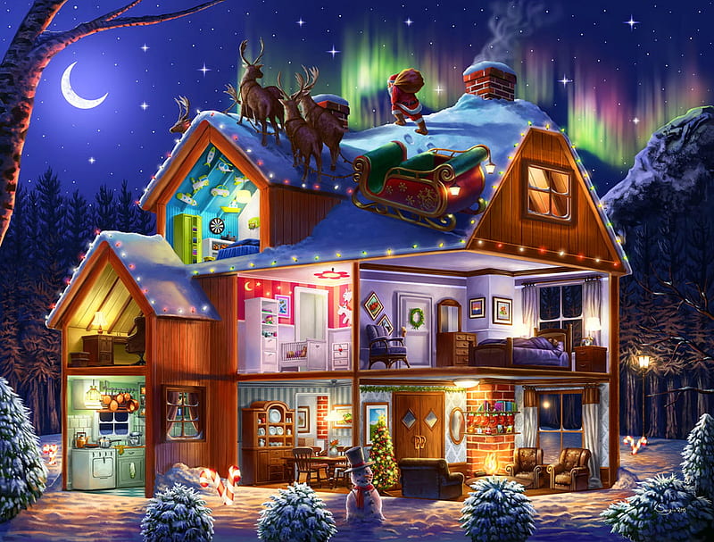 Christmas house, sleigh, house, eve, lights, moon, aurora borealis, reindeers, night, roof, holiday, visit, christmas, winter, santa, snow, presents, north pole, HD wallpaper
