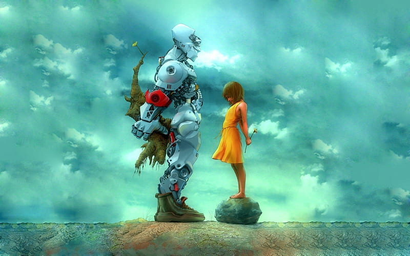 A Robot Offering a Flower, flower, nice, robot, girl, HD wallpaper