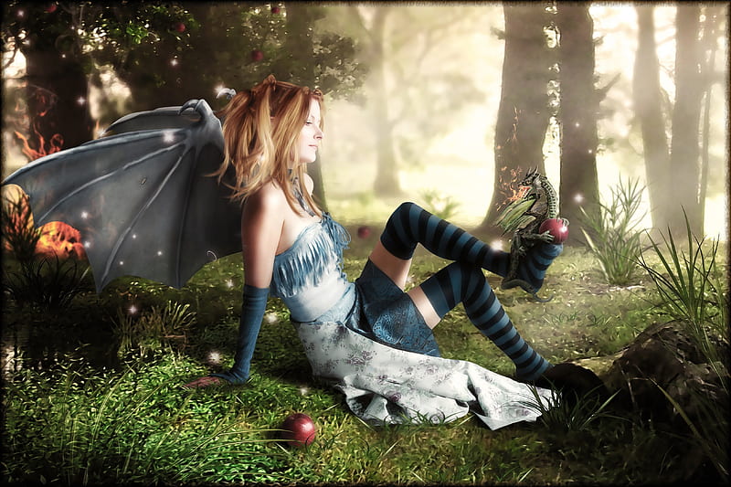 ✰.Mischief Managed.✰, pretty, adorable, dragon, women, sweet, fantasy, splendor, grasses, manipulation, love, bright, flowers, forests, face, wings, lovely, models, lips, trees, cute, cool, eyes, colorful, dress, woods, bonito, digital art, hair, leaves, people, girls, animals, female, colors, stockings, plants, HD wallpaper