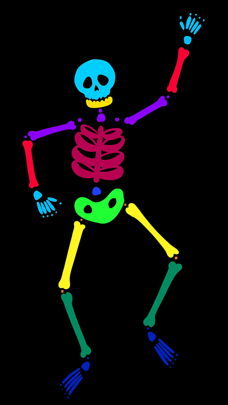 funny skelet, halloween, black, blue, bone, bones, celebrate, celebration, color, colorfull, colors, darkness, death, face, green, hand, jaw laugh, leg, mint, orange, red, skeleton, skull, skulls, smile, weekend, yellow, HD phone wallpaper
