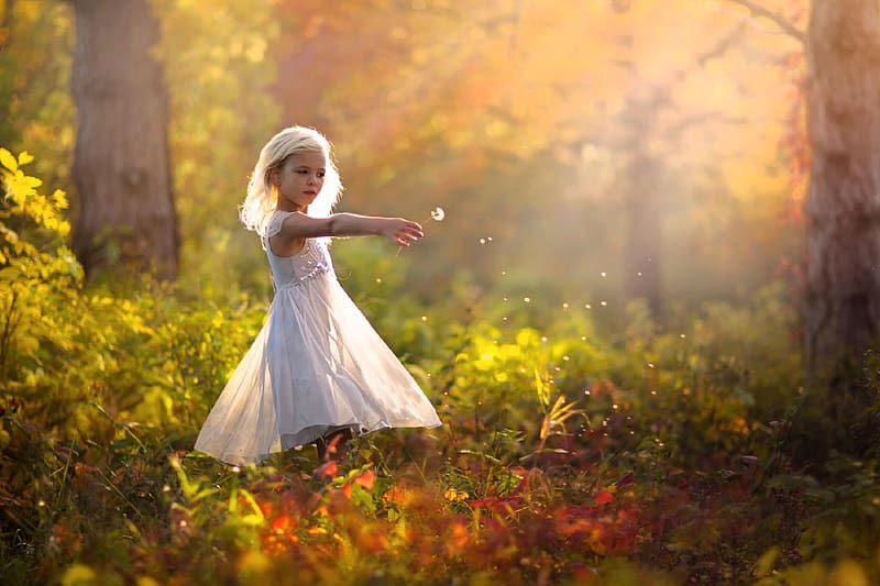 Young Girl with a Dandelion in the Forest, dress, blonde, girl, forest, dandelion, HD wallpaper