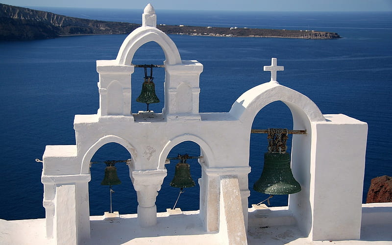 Bells in Santorini, Greece, Greece, church, sea, bells, island, HD wallpaper