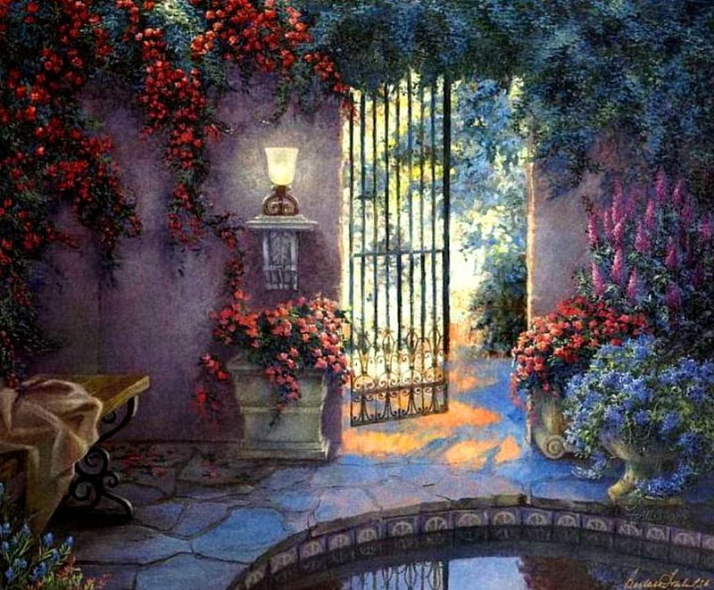 Garden - oil painting, colors, art, garden, flowers, HD wallpaper
