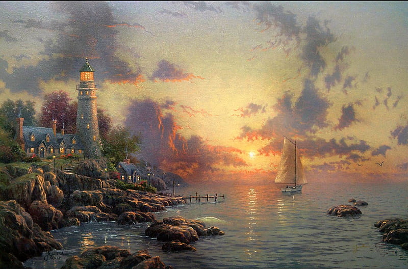 Thomas Kinkade, Sea of Tranquility, art, painting, sunset, sky, lighthouse, sea, thomas kinkade, HD wallpaper