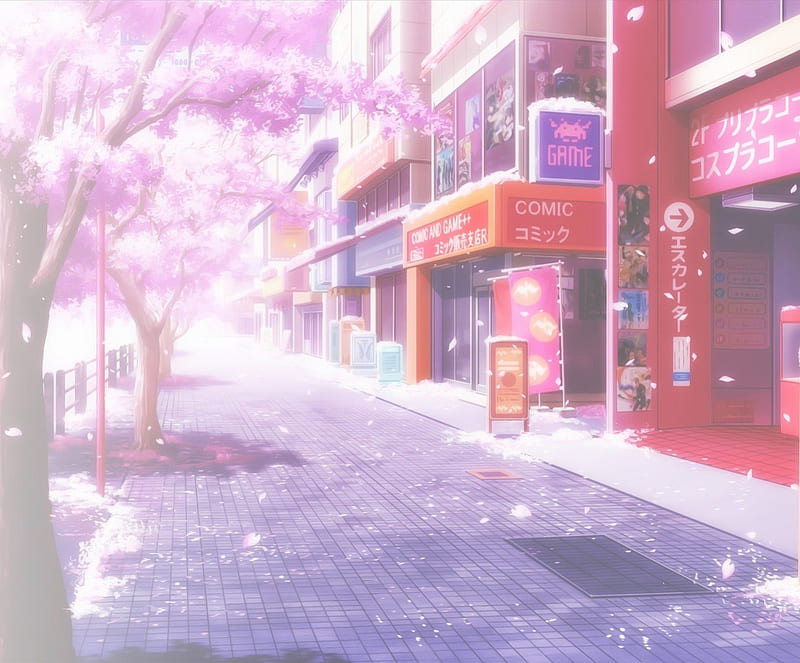 Cherry Blossoms, shop, pretty, house, plant, floral, cherry blossom, blossom, nice, green, anime, beauty, pink, road, street, sakura, forest, lovely, building, flower, store, nature, petals, HD wallpaper