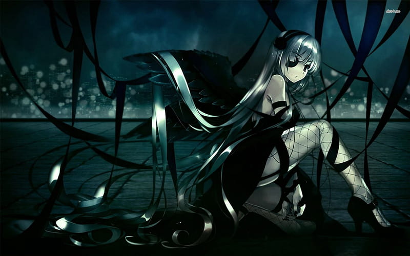 Hagane Miku, pretty, dress, game, bonito, lights, nice, city, anime, darkness, grey hair, beauty, anime girl, long hair, vocaloid, female, wings, angel, ribbon, music, singer, sexy, cool, dark, awesome, silver hair, red eyes, HD wallpaper