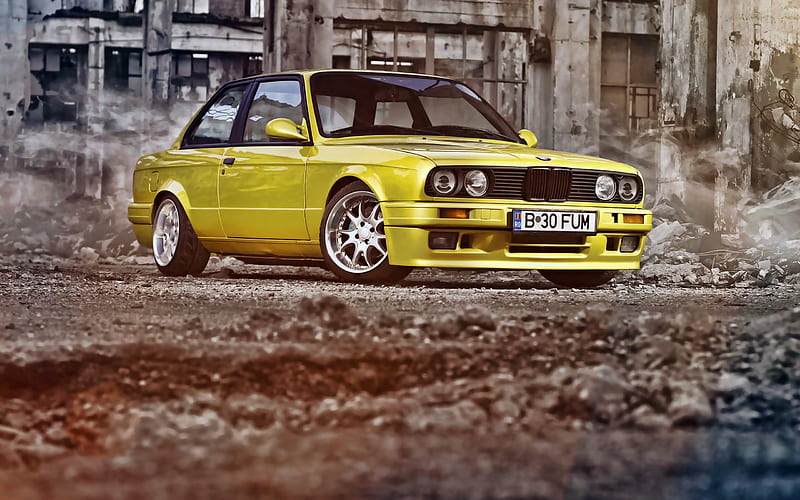 BMW M3, retro cars, E30, 1990 cars, tunned M3, yellow E30, tuning, BMW E30, german cars, BMW, yellow M3, R, supercars, HD wallpaper