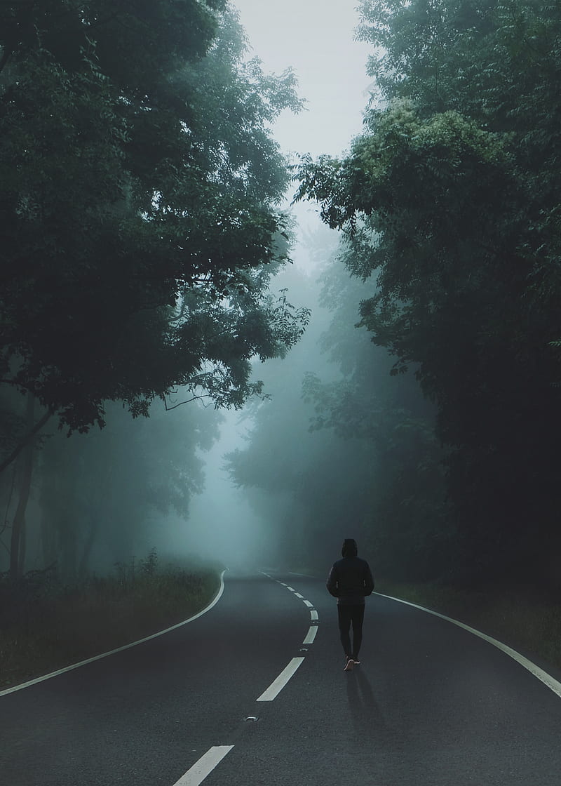 man wearing black hoodie and pants walking on gray top road, HD phone wallpaper