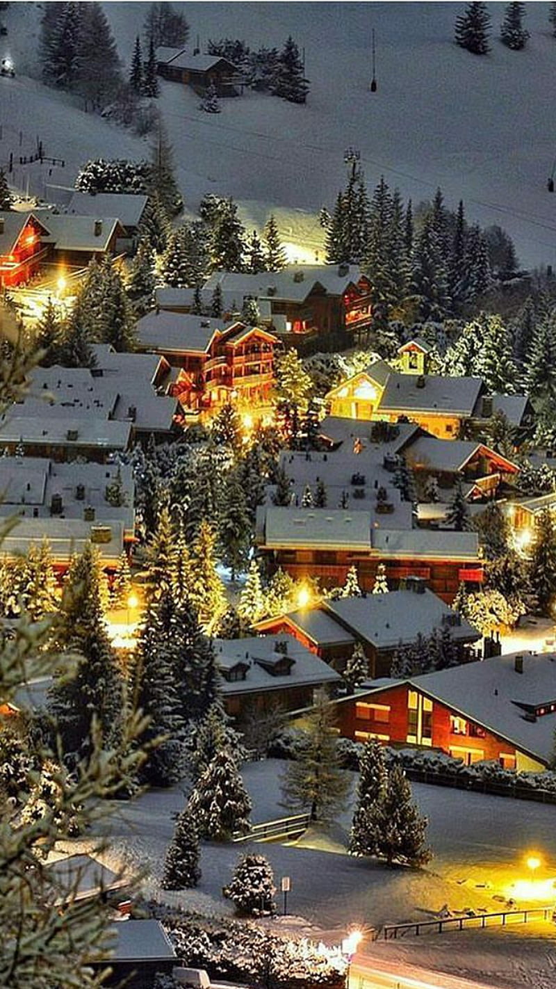 Ski resort, cottage, mountains, nature, snow, HD phone wallpaper