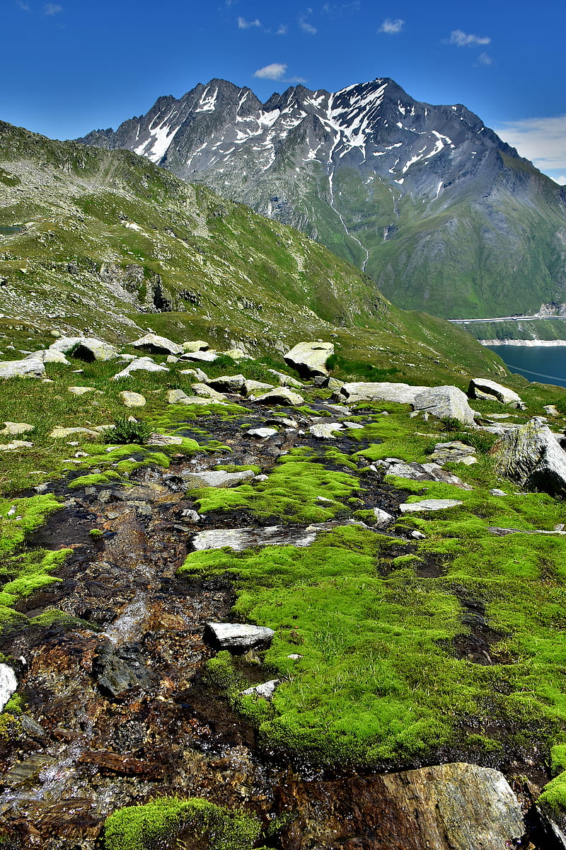 mountains, rocks, peaks, moss, lake, HD phone wallpaper