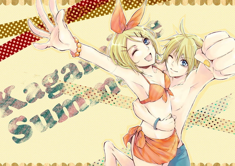 Kagamine Summer, vocaloid, anime, winks, summer, colorful hearts, blue eyes, rin and len kagamine, HD wallpaper