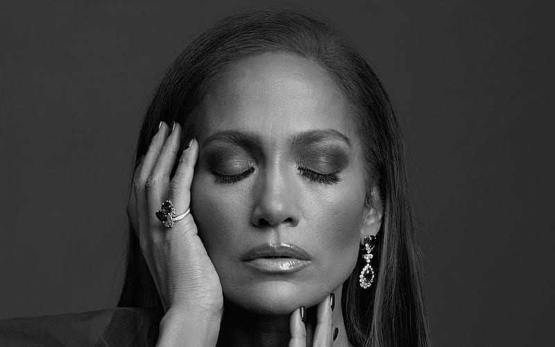 Jennifer Lopez, american singer, portrait, monochrome, hoot, JLo, makeup, beautiful woman, american star, HD wallpaper