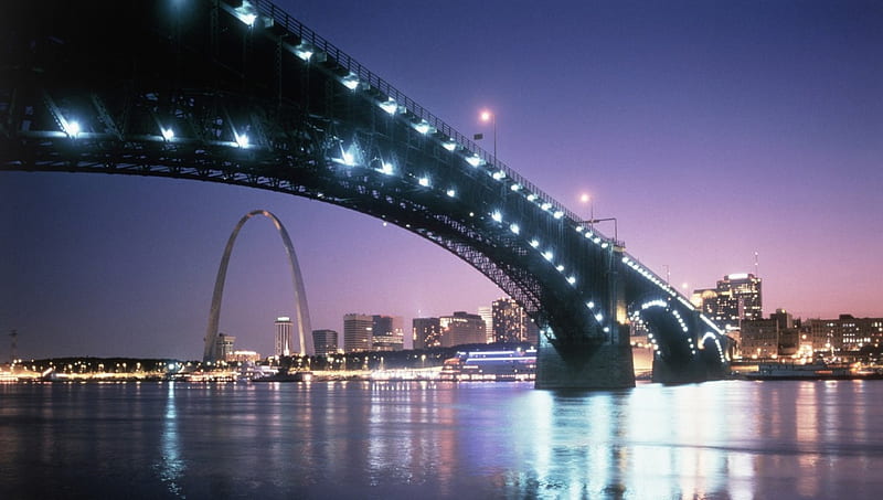 a bridge at night into st. louis, city, arch, bridge, river, lights, night, HD wallpaper