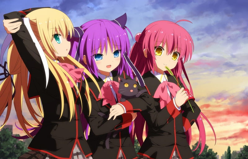 Little Busters, red, pretty, bonito, ribbons, clouds, anime, beauty, girls, long hair, pink, friends, lovely, uniforms, skirt, black, blonde, sky, cat, cute, purple, jacket, HD wallpaper