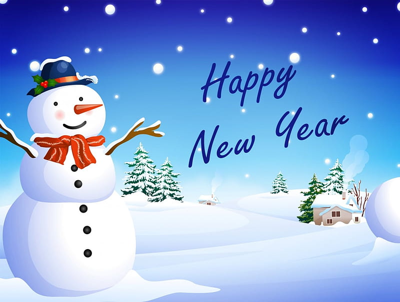 Happy New Year!, coal, New Year, houses, holly, trees, Happy New Year, snowman, shes, winter, hat, snow, scarf, carrot, smoke, branches, HD wallpaper