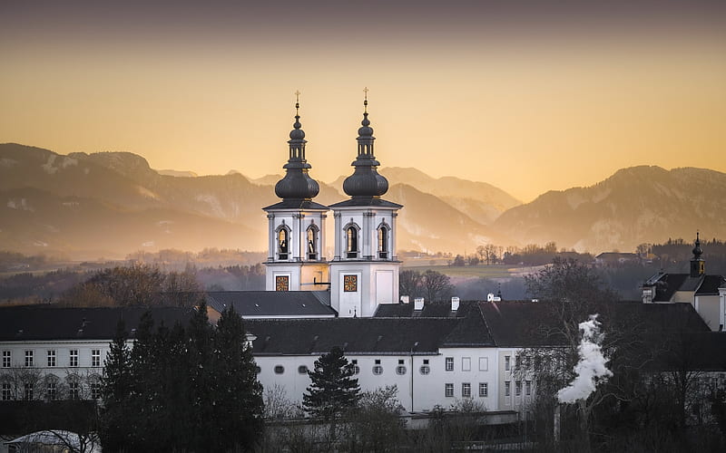 Monastery, sunrise, church, mountains, HD wallpaper