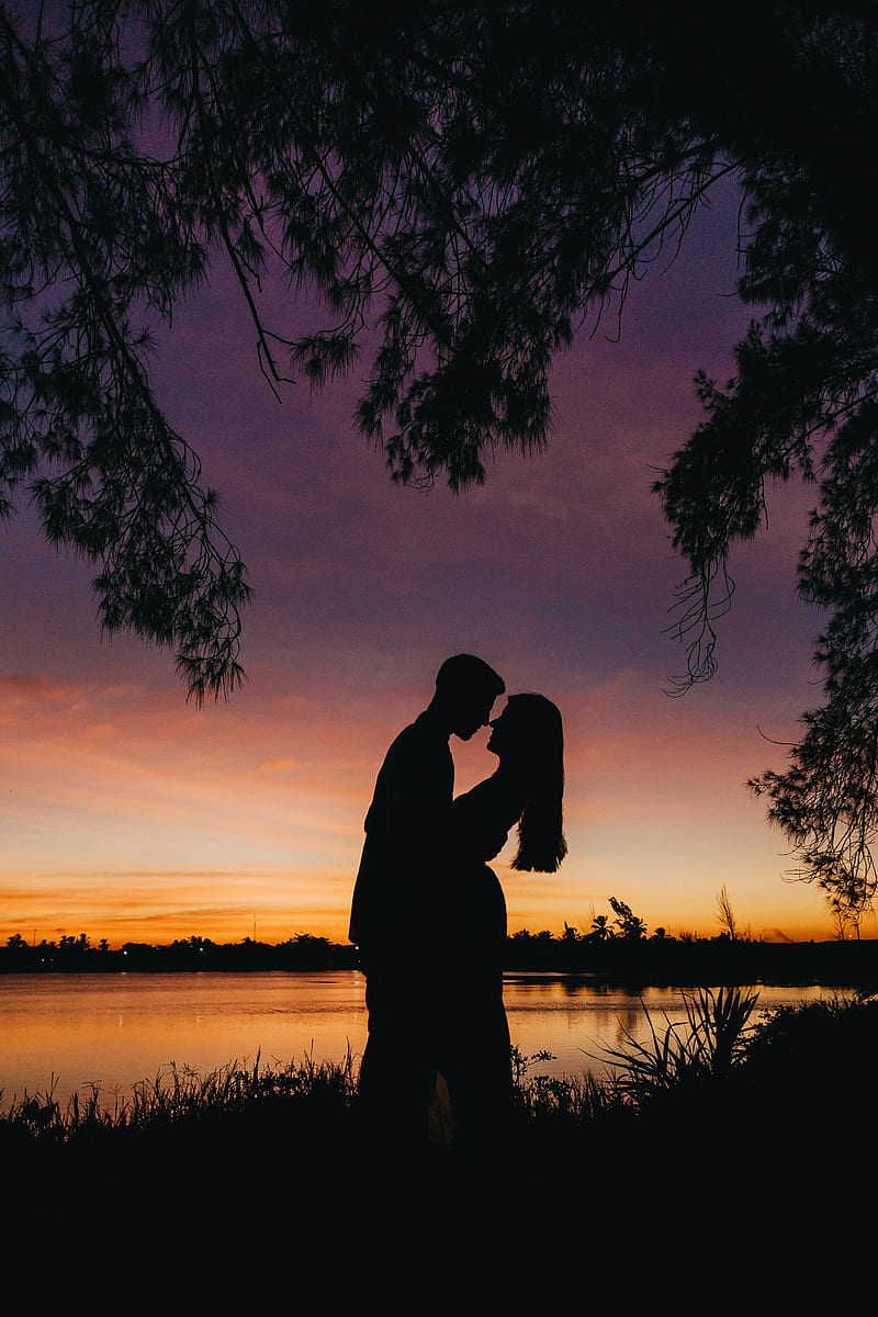 silhouette, love, sunset, romance, HD phone wallpaper