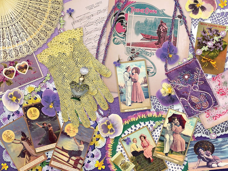 Vintage card collage, maggie knight, luminos, pansy, collage, card, gloves, purple, texture, flower, vintage, HD wallpaper