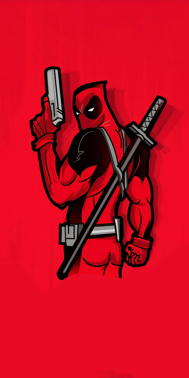 Deadpool Red Gun, black, comic, deadpool, gun, looking behind, movie, red, sword, HD phone wallpaper