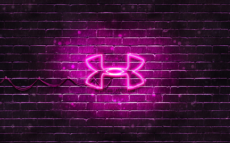 Under Armour purple logo purple brickwall, Under Armour logo, sports brands, Under Armour neon logo, Under Armour, HD wallpaper