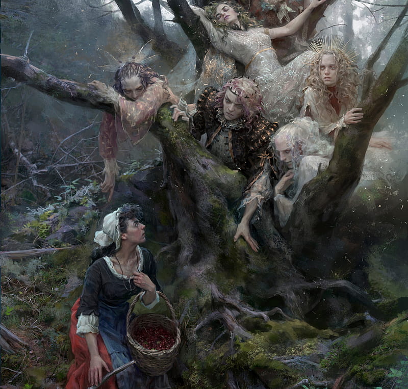 The fairies and the peasant girl, yuliya litvinova, art, fantasy, tree, berry, luminos, peasant girl, fairy, basket, HD wallpaper