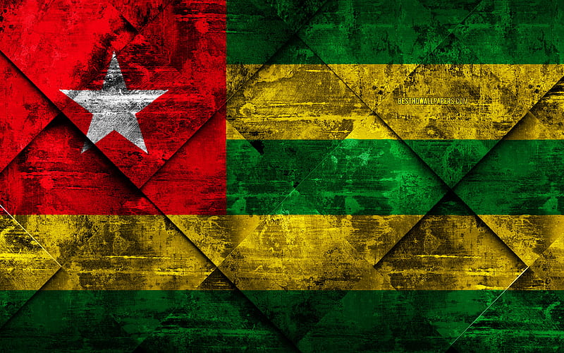 Flag of Togo grunge art, rhombus grunge texture, Togo flag, Africa, national symbols, Togo, creative art, HD wallpaper