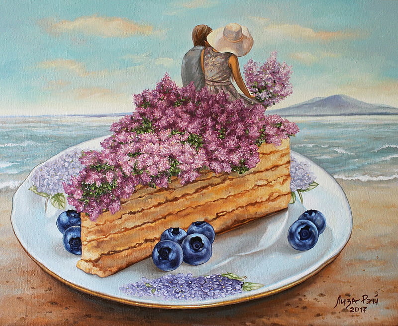 Sweet moments, cake, art, food, sweet, sea, fruit, water, berry, slice, flower, painting, couple, blue, HD wallpaper