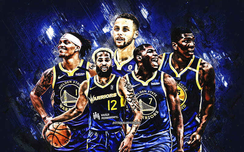 Golden State Warriors, American basketball club, NBA, blue stone background, basketball, USA, Stephen Curry, James Wiseman, Jordan Poole, HD wallpaper