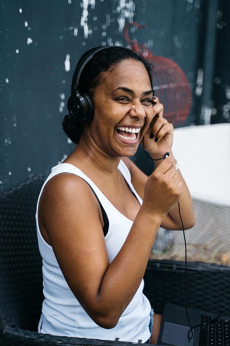 Woman in White Tank Top Wearing Black Headphones, HD phone wallpaper