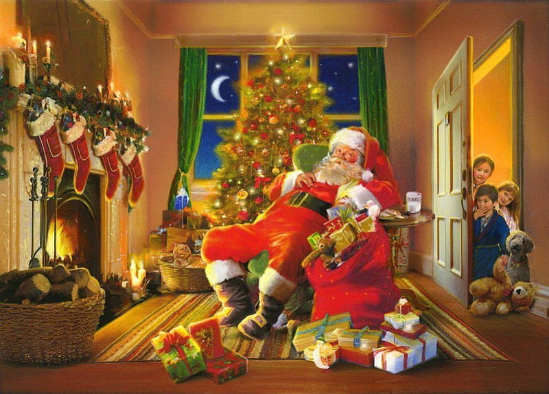 Santa's caught, guest, children, home, magic, fireplace, art, cozy, holiday, christmas, fun, new year, nap, joy, winter, stocking, tree, santa, warmth, gifts, HD wallpaper