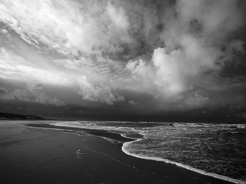 Beach, sea, waves, clouds, black and white, HD wallpaper | Peakpx