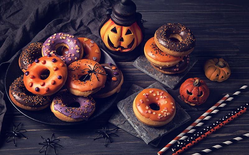 Halloween, pumpkins, decoration, holiday donuts, autumn, baking, HD wallpaper
