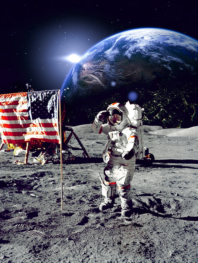 American Flag on moon, america, american flag, astronaut, cosmonaut, lunar, mission, moon, nasa, united states, usa, HD phone wallpaper