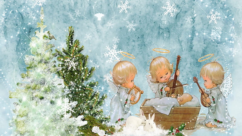 Song of Angels, mandolin, cradle, angels, xmas, sweet, jesus, harp, rabbits, musical, violin, feliz navidad, christmas, music, holly, sky, trees, baby, snow, snowflakes, bunnies, HD wallpaper