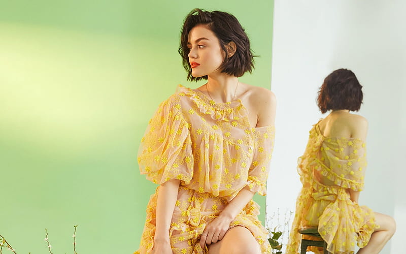 Lucy Hale, American actress, portrait, dress with yellow flowers, fashion model, HD wallpaper