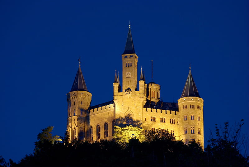 Night Castle, pretty, hohenzollern, illumination, germany, time, bonito, turret, nighttime, tower, illuminate, spire, castle, night, HD wallpaper