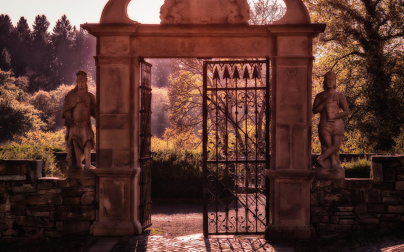 Gate, sculptures, garden, morning, HD wallpaper