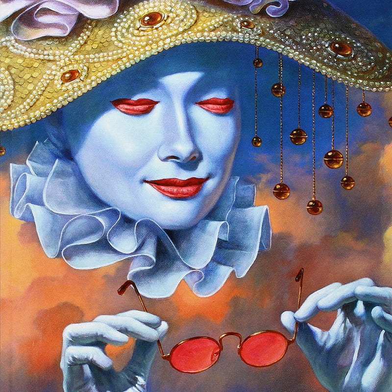 Dreams, red, art, girl, painting, face, michael cheval, blue, hand, HD wallpaper